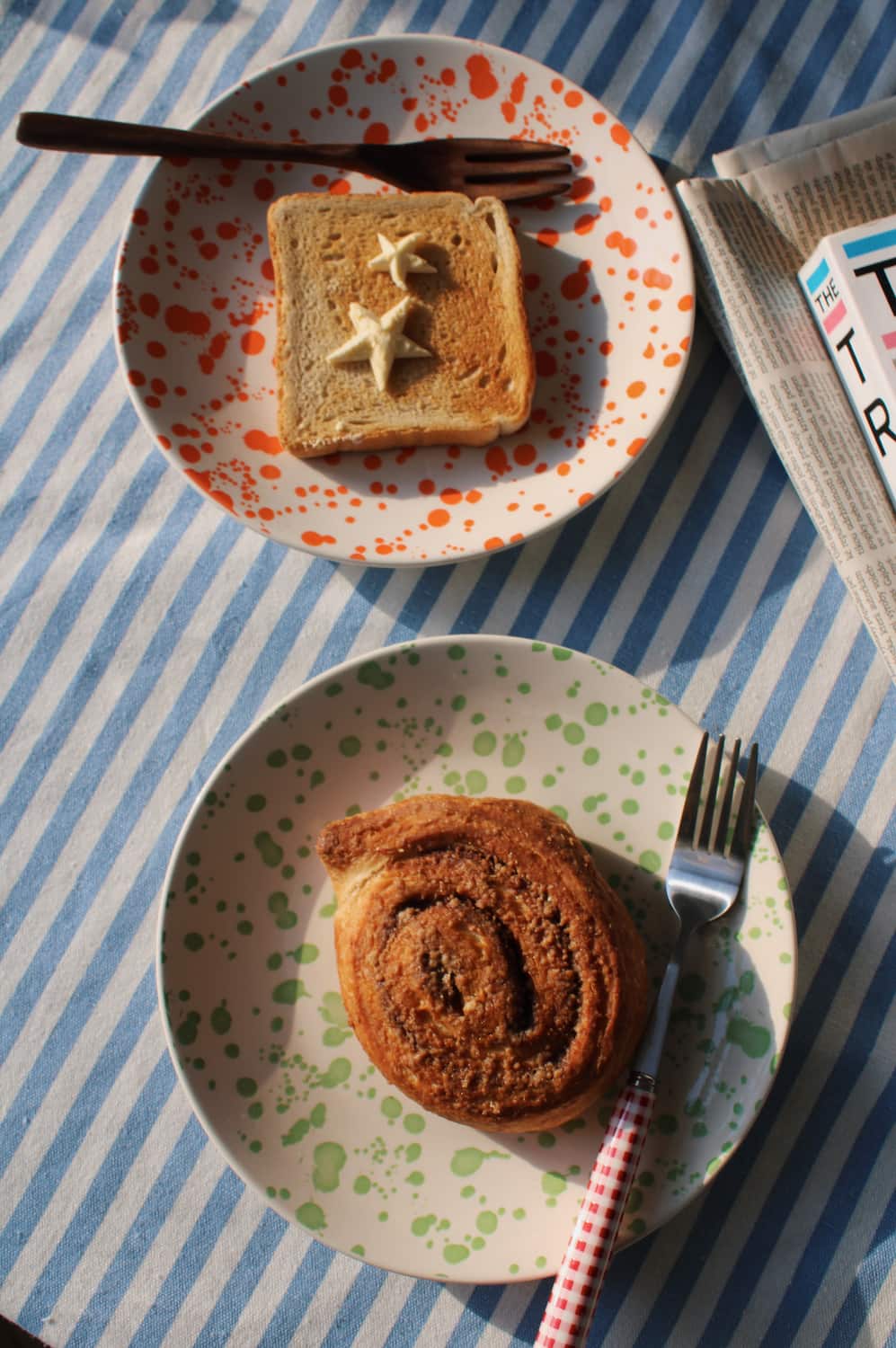 Corra ceramic plate and Mossel plate with pastry and toast handmade colorful dessert plates breakfast table setting