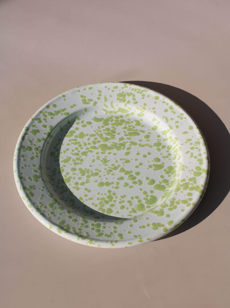 Green splatter enamel plate with retro speckled pattern in soft natural lighting.