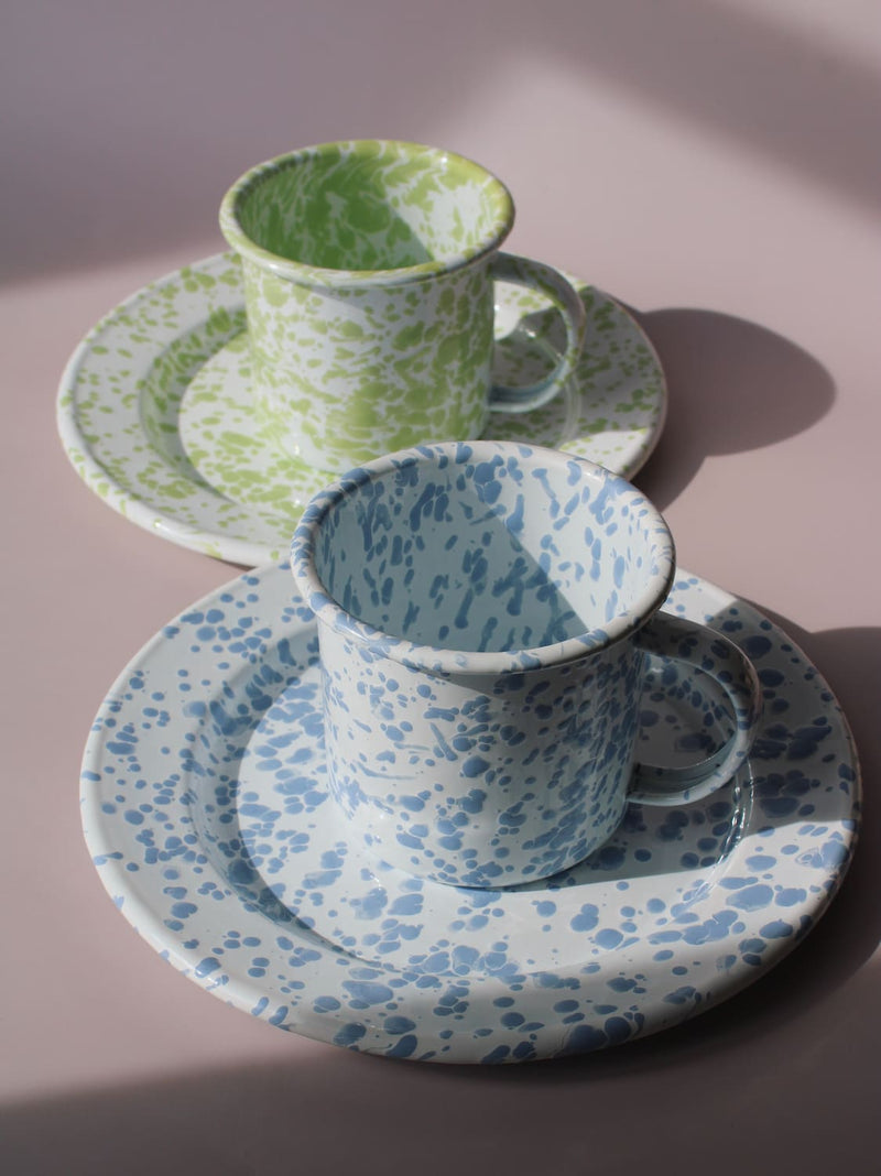 Aeris and Clover Enamel Mug and Plate sets together, speckled blue and speckled green handmade enamel tablewar