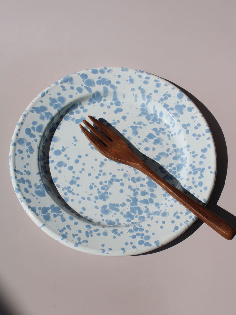 Aeris Enamel Plate in speckled baby blue, handmade enamel dessert plate top view