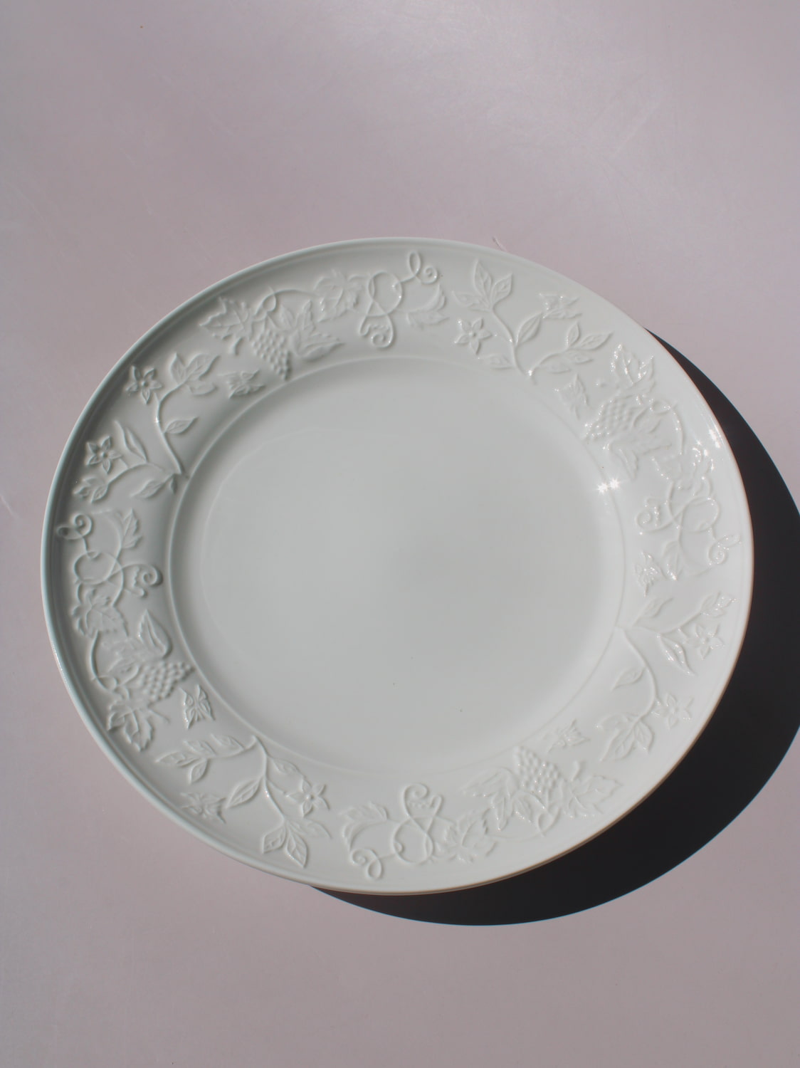 Florentia Ceramic Plate in white with embossed floral and botanical border detail, styled with a silver fork, on a soft pink background.