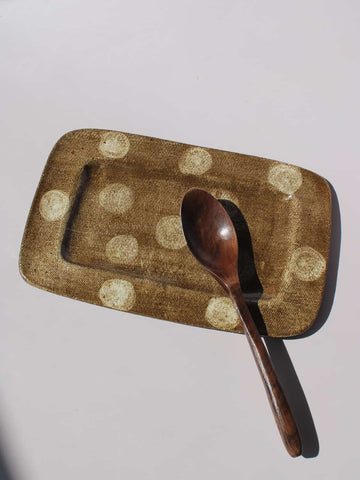 Biscotti Ceramic Plate in brown with ivory polka dots, rectangular handmade ceramic serving plate top view