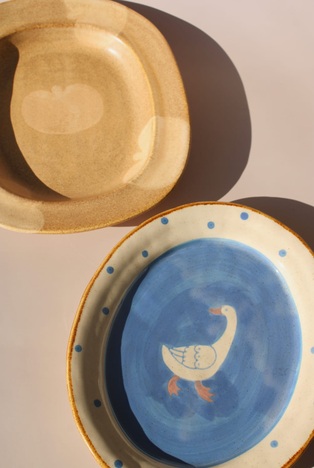 Blue ceramic plate with duck illustration and dotted rim beside a brown handmade ceramic plate, aesthetic tableware styling.