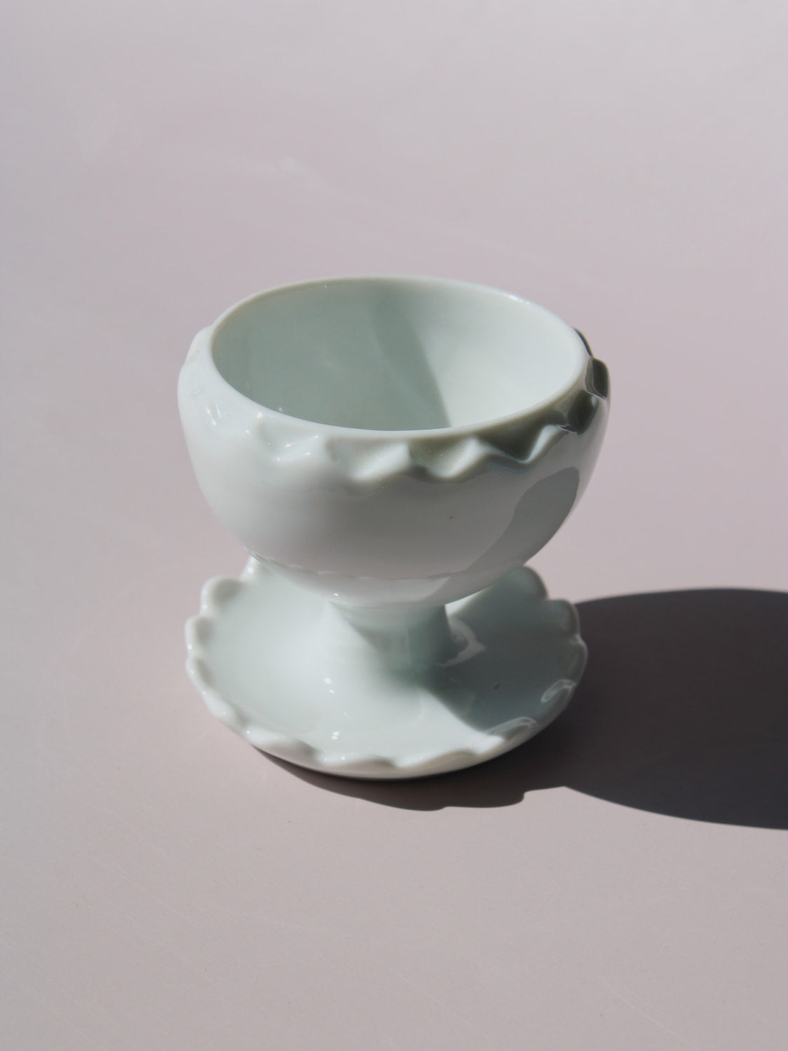 Tivoli Ceramic Egg Cup with scalloped edge and pedestal base, white ceramic egg holder, handmade