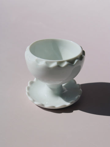 Tivoli Ceramic Egg Cup with scalloped edge and pedestal base, white ceramic egg holder, handmade