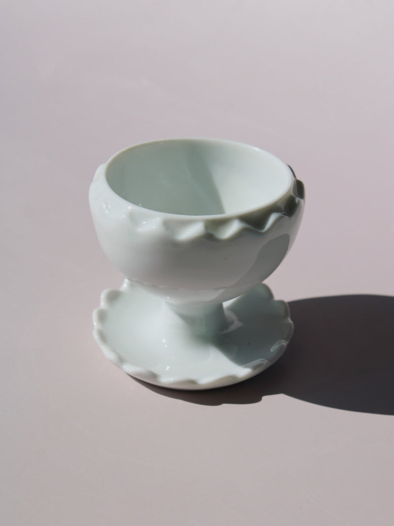 Tivoli Ceramic Egg Cup with scalloped edge and pedestal base, white ceramic egg holder, handmade