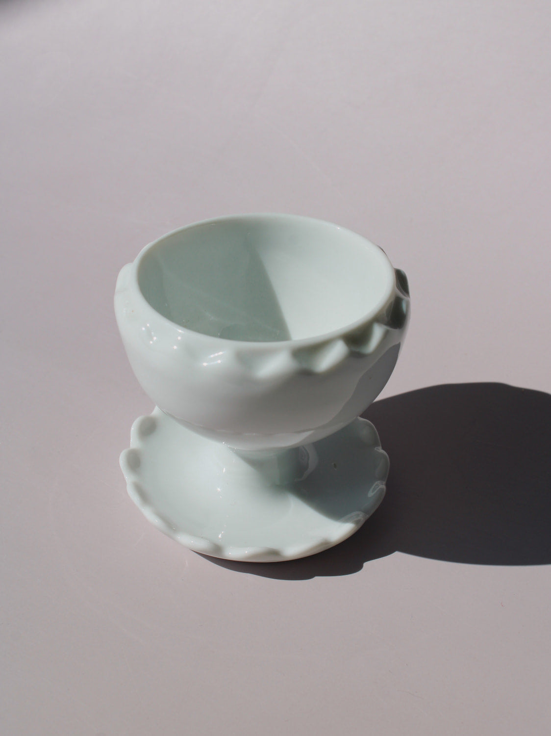 Tivoli Ceramic Egg Cup with scalloped edge and pedestal base, white ceramic egg holder, handmade