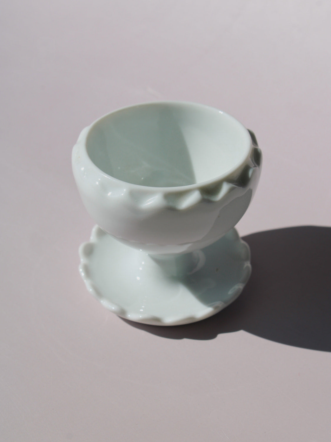 Tivoli Ceramic Egg Cup with scalloped edge and pedestal base, white ceramic egg holder, handmade