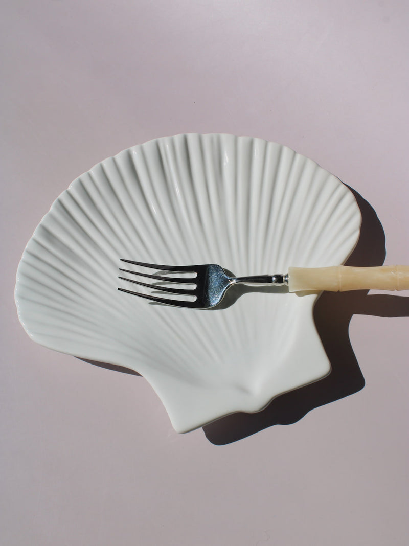 Calista Ceramic Shell Plate in white scallop shell shape with ribbed fan texture, handmade ceramic trinket plate