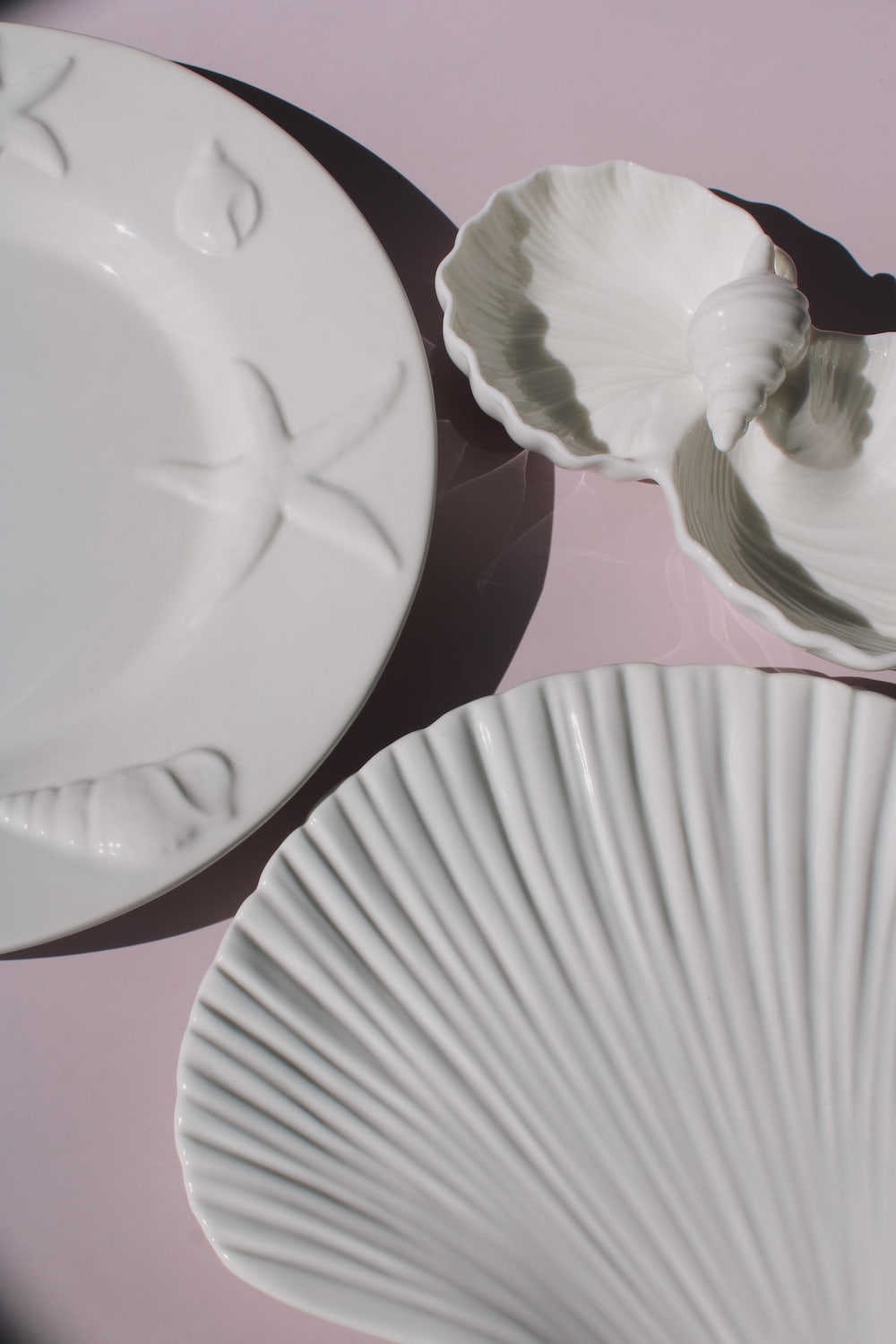 Caspia, Littora and Calista Ceramic Shell pieces from the Ocean Whisper collection, embossed starfish plate, scallop dish with sage accents, and ribbed shell-shaped plate
