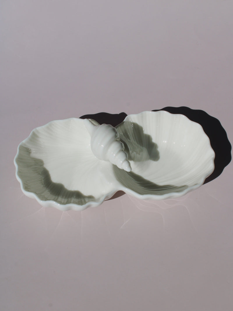 Littora Ceramic Shell Dish, double scallop shell serving dish with sage green accents and conch shell center, handmade ceramic
