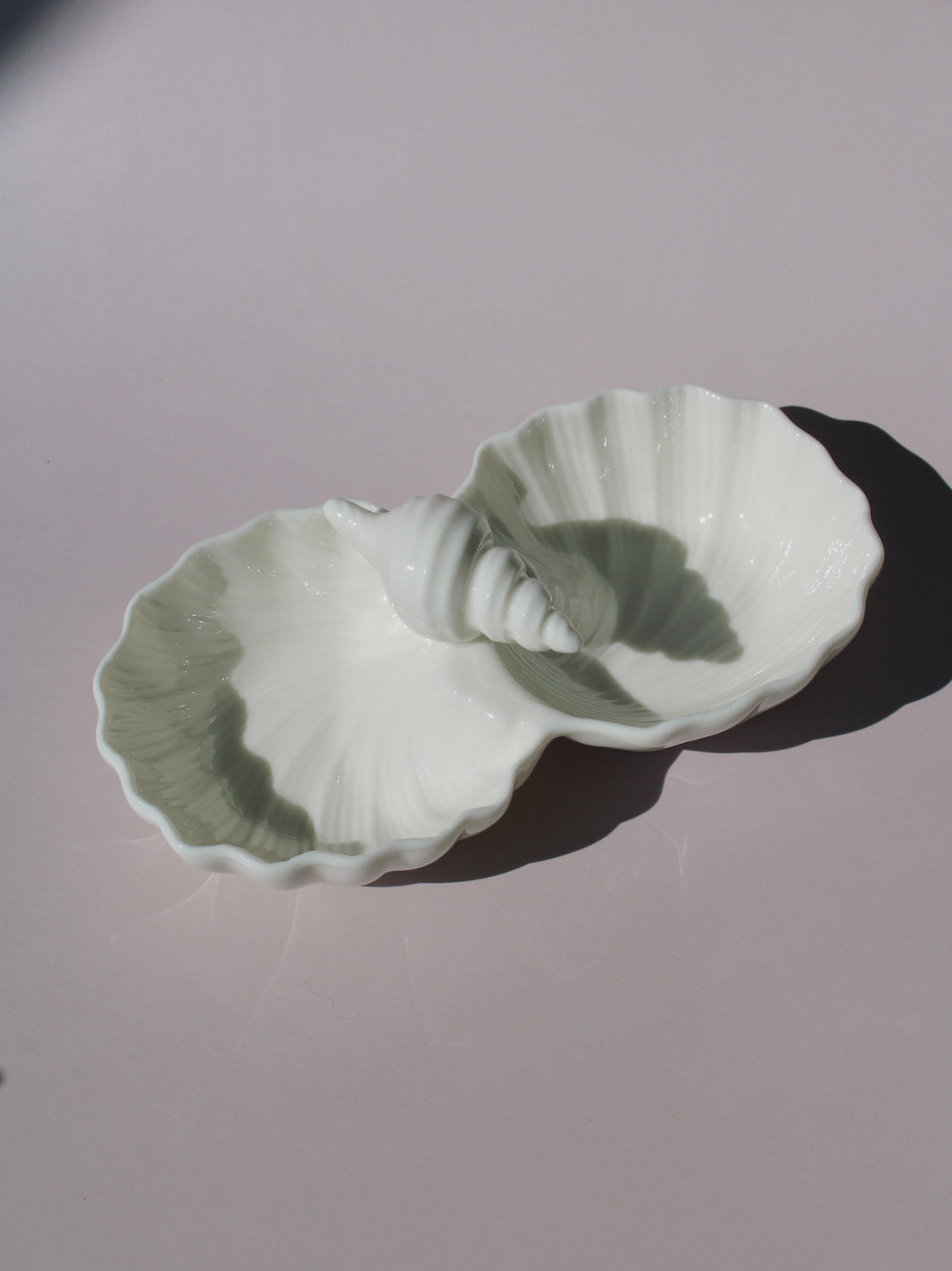 Littora Ceramic Shell Dish, double scallop shell serving dish with sage green accents and conch shell center, handmade ceramic