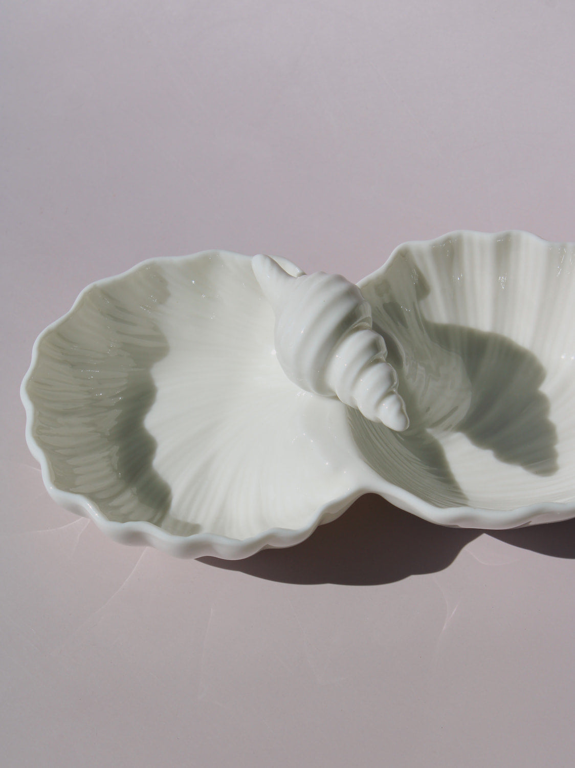 Littora Ceramic Shell Dish, double scallop shell serving dish with sage green accents and conch shell center, handmade ceramic