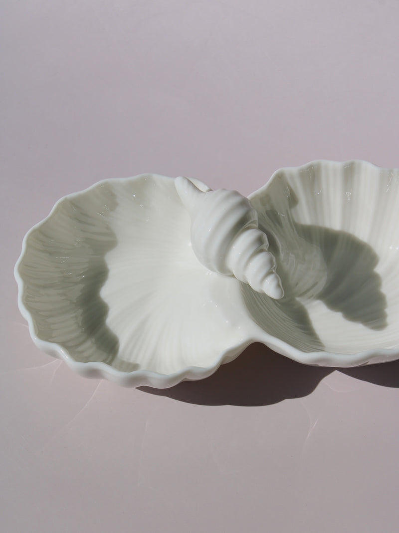 Littora Ceramic Shell Dish, double scallop shell serving dish with sage green accents and conch shell center, handmade ceramic