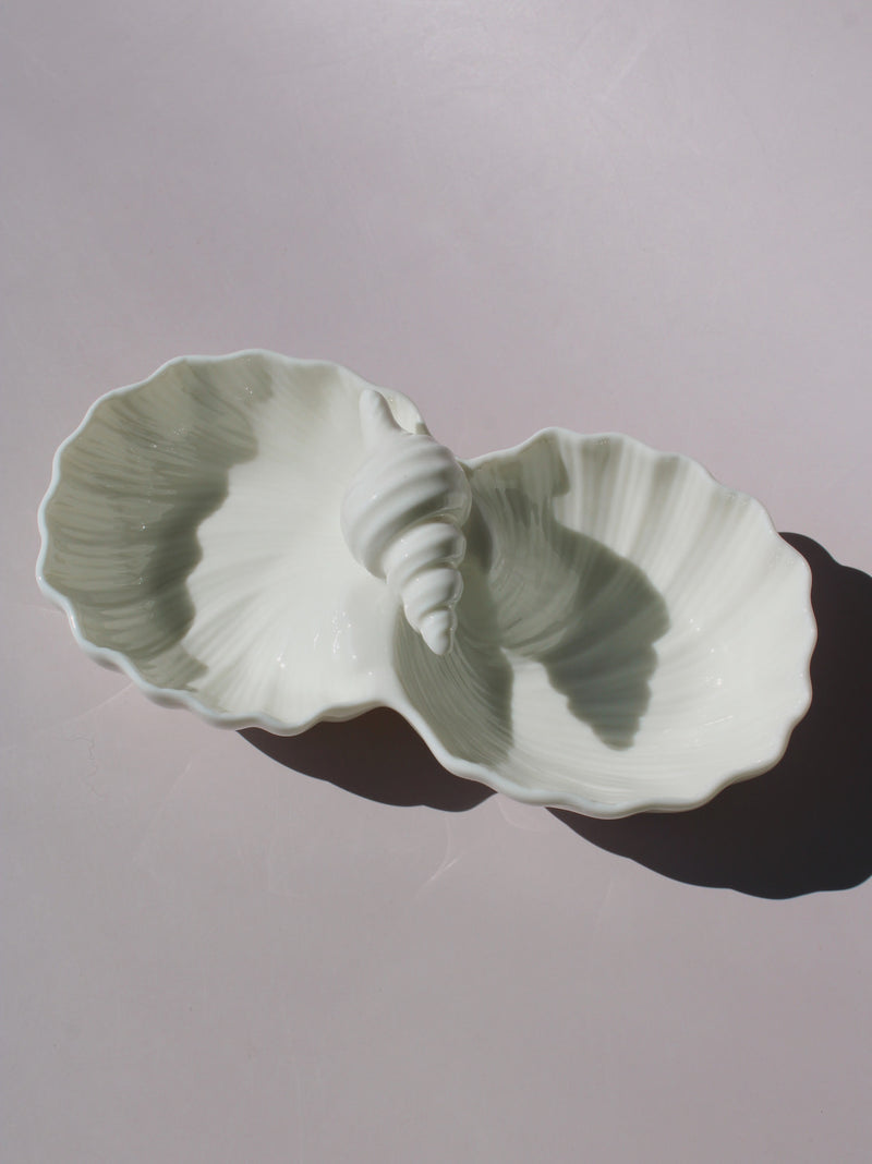 Littora Ceramic Shell Dish, double scallop shell serving dish with sage green accents and conch shell center, handmade ceramic