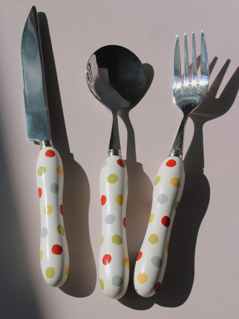 Confetti Ceramic Cutlery Set with multicolor polka dot handles, stainless steel knife, spoon and fork, handmade ceramic flatware