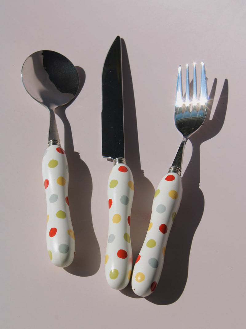 Confetti Ceramic Cutlery Set with multicolor polka dot handles, stainless steel knife, spoon and fork, handmade ceramic flatware