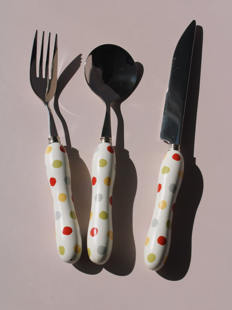 Confetti Ceramic Cutlery Set with multicolor polka dot handles, stainless steel knife, spoon and fork, handmade ceramic flatware