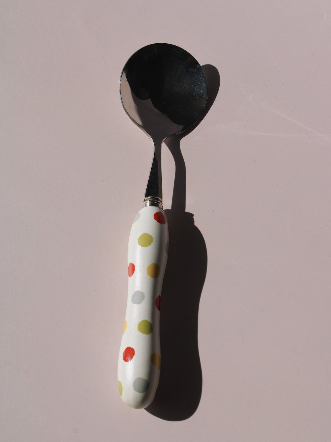 Confetti Ceramic Cutlery Set with multicolor polka dot handles, stainless steel knife, spoon and fork, handmade ceramic flatware