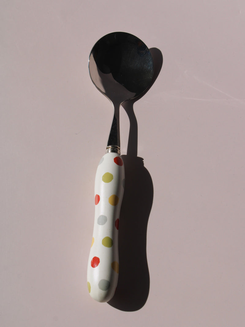 Confetti Ceramic Cutlery Set with multicolor polka dot handles, stainless steel knife, spoon and fork, handmade ceramic flatware