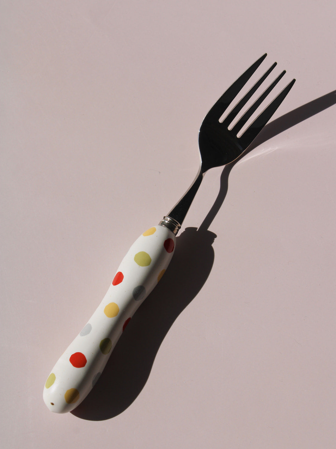 Confetti Ceramic Cutlery Set with multicolor polka dot handles, stainless steel knife, spoon and fork, handmade ceramic flatware