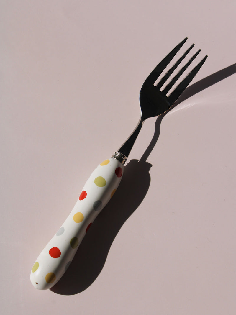Confetti Ceramic Cutlery Set with multicolor polka dot handles, stainless steel knife, spoon and fork, handmade ceramic flatware