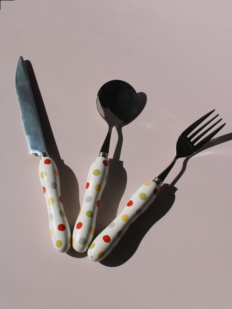 Confetti Ceramic Cutlery Set with multicolor polka dot handles, stainless steel knife, spoon and fork, handmade ceramic flatware