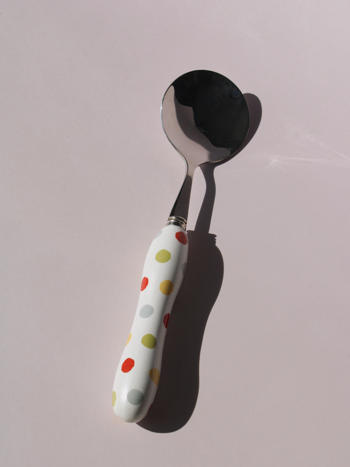Confetti Ceramic Cutlery Set with multicolor polka dot handles, stainless steel knife, spoon and fork, handmade ceramic flatware