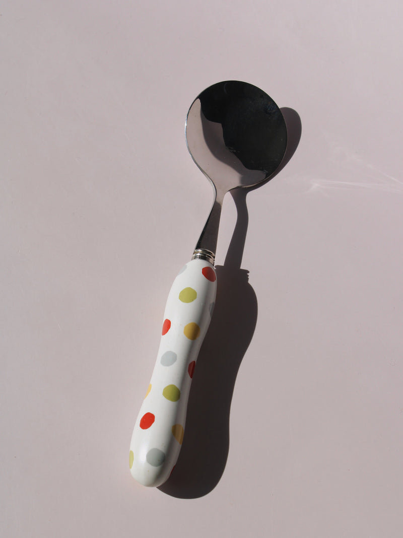 Confetti Ceramic Cutlery Set with multicolor polka dot handles, stainless steel knife, spoon and fork, handmade ceramic flatware