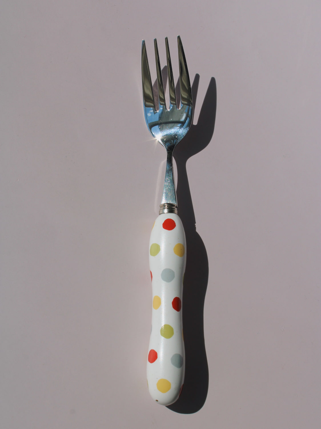 Confetti Ceramic Cutlery Set with multicolor polka dot handles, stainless steel knife, spoon and fork, handmade ceramic flatware