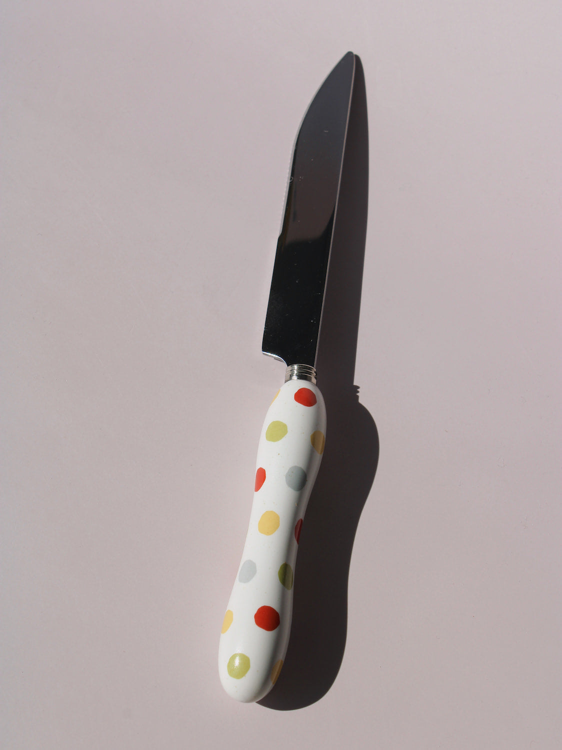 Confetti Ceramic Cutlery Set with multicolor polka dot handles, stainless steel knife, spoon and fork, handmade ceramic flatware