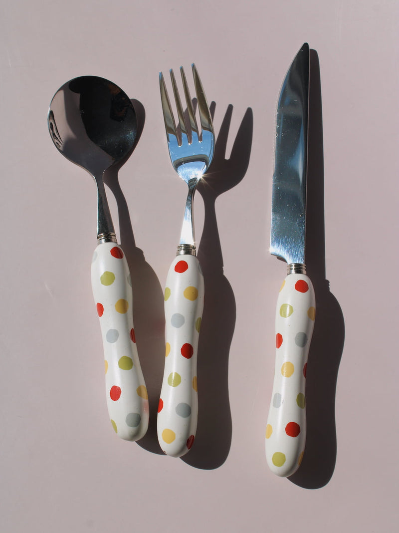 Confetti Ceramic Cutlery Set with multicolor polka dot handles, stainless steel knife, spoon and fork, handmade ceramic flatware