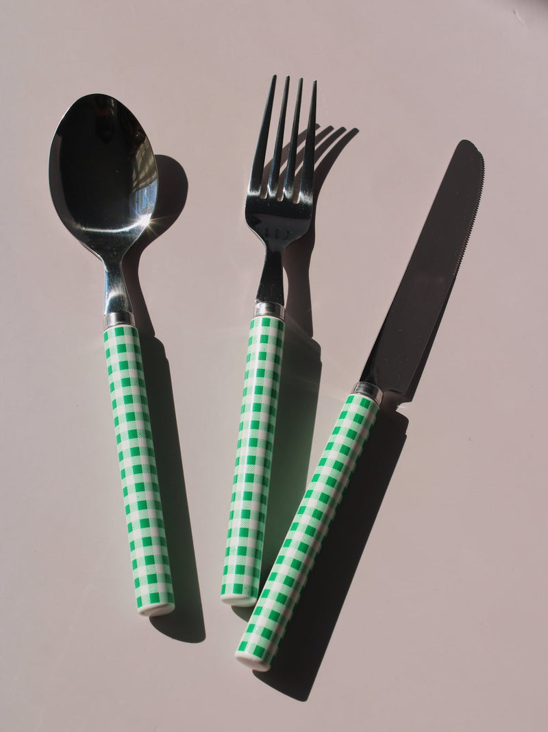 Fresco Cutlery Set with green gingham checkered handles, stainless steel knife, spoon and fork, picnic-style flatware set