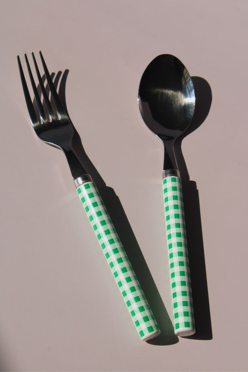Fresco Cutlery Set with green gingham checkered handles, stainless steel knife, spoon and fork, picnic-style flatware set
