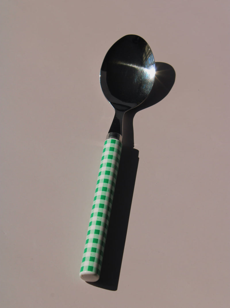 Fresco Cutlery Set with green gingham checkered handles, stainless steel knife, spoon and fork, picnic-style flatware set