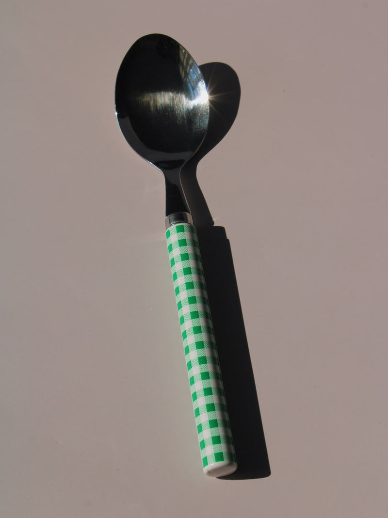 Fresco Cutlery Set with green gingham checkered handles, stainless steel knife, spoon and fork, picnic-style flatware set