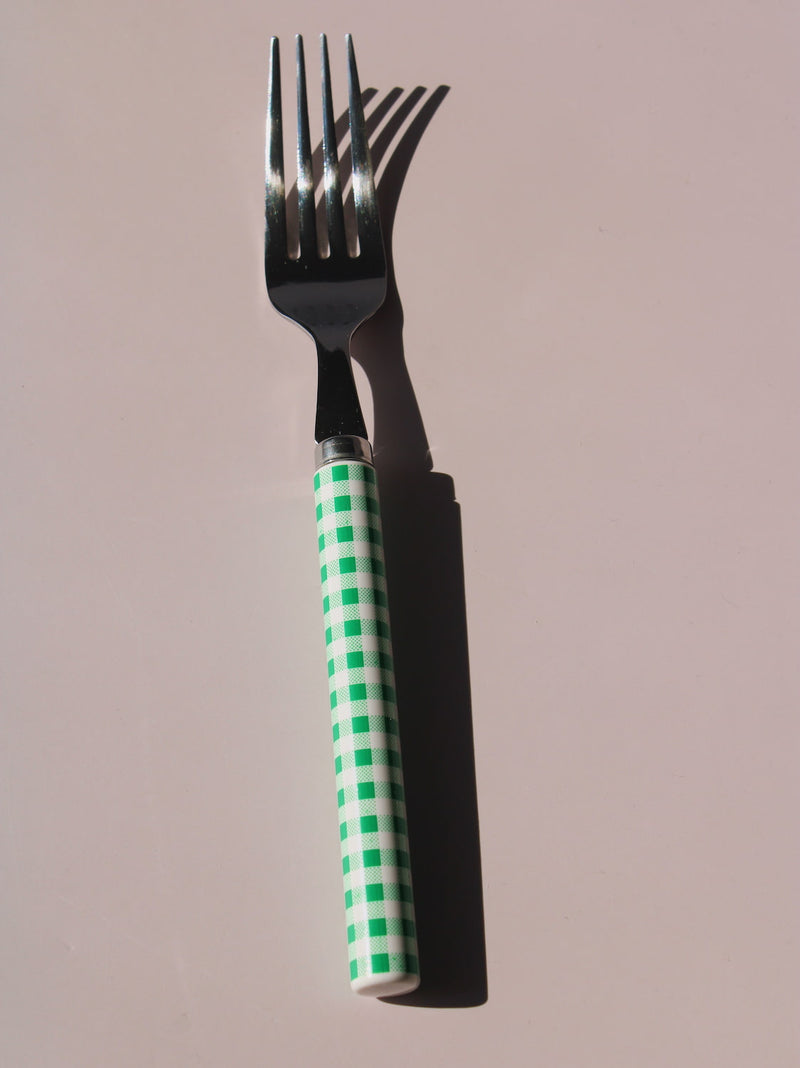 Fresco Cutlery Set with green gingham checkered handles, stainless steel knife, spoon and fork, picnic-style flatware set