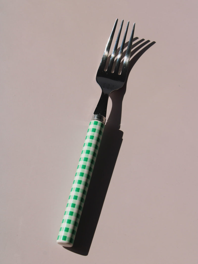 Fresco Cutlery Set with green gingham checkered handles, stainless steel knife, spoon and fork, picnic-style flatware set