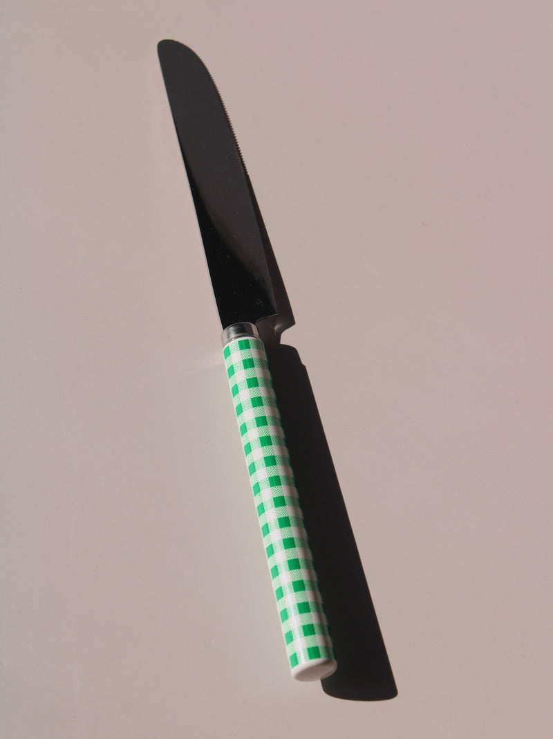 Fresco Cutlery Set with green gingham checkered handles, stainless steel knife, spoon and fork, picnic-style flatware set