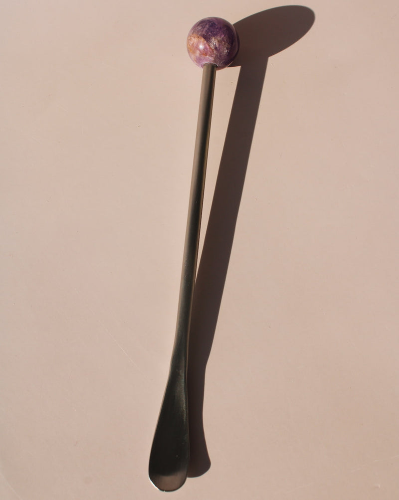 Ember Astra Stone Stirrer with dark purple stone sphere, sculptural cocktail stirrer for modern tableware and drinks.
