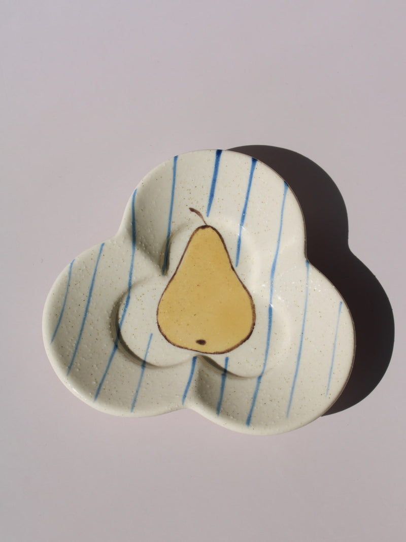 Poire Ceramic Saucer Dish in clover shape with hand-painted pear illustration and blue stripes, handmade ceramic trinket dish
