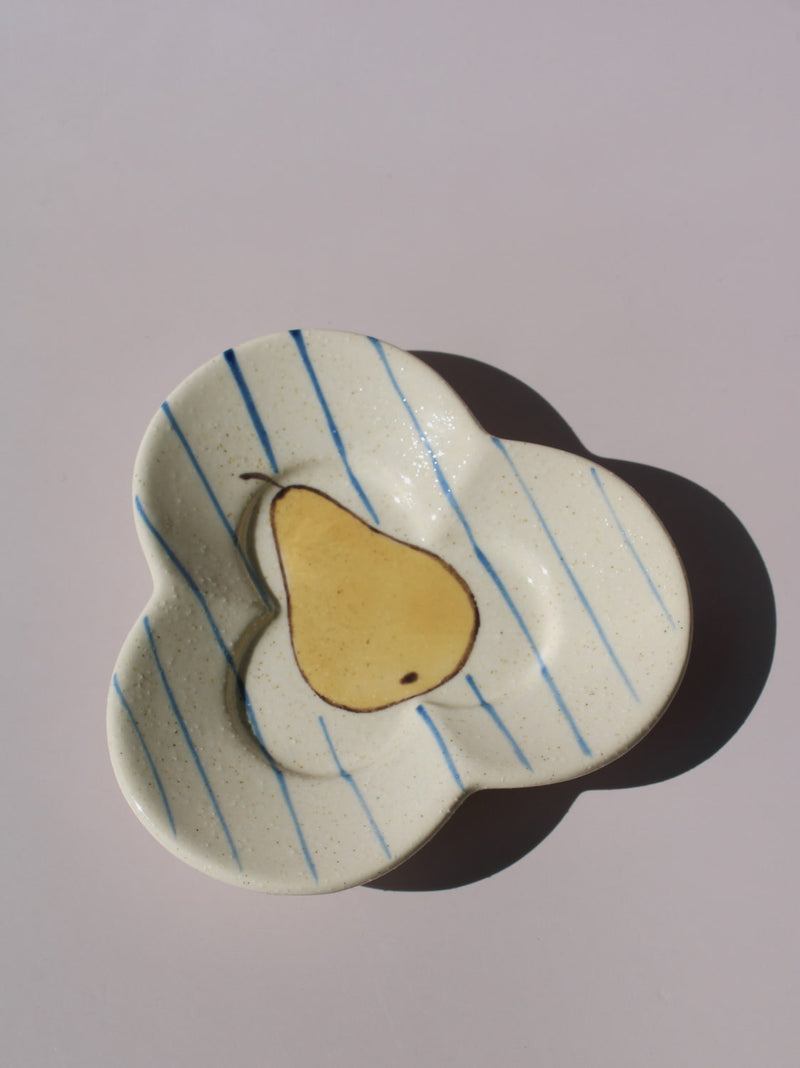 Poire Ceramic Saucer Dish in clover shape with hand-painted pear illustration and blue stripes, handmade ceramic trinket dish