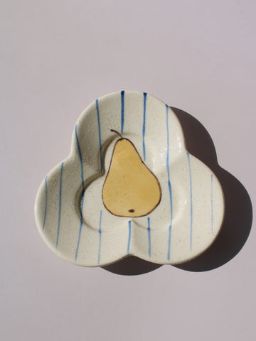Poire Ceramic Saucer Dish in clover shape with hand-painted pear illustration and blue stripes, handmade ceramic trinket dish