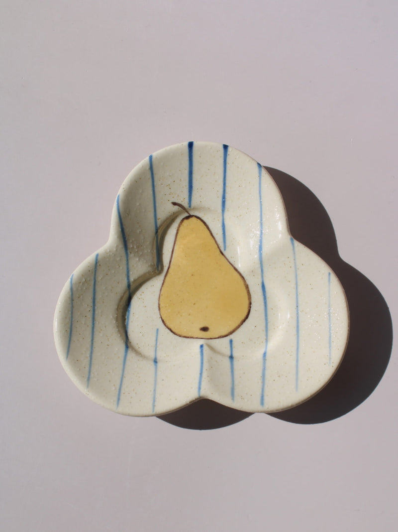 Poire Ceramic Saucer Dish in clover shape with hand-painted pear illustration and blue stripes, handmade ceramic trinket dish