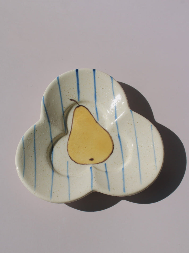 Poire Ceramic Saucer Dish in clover shape with hand-painted pear illustration and blue stripes, handmade ceramic trinket dish
