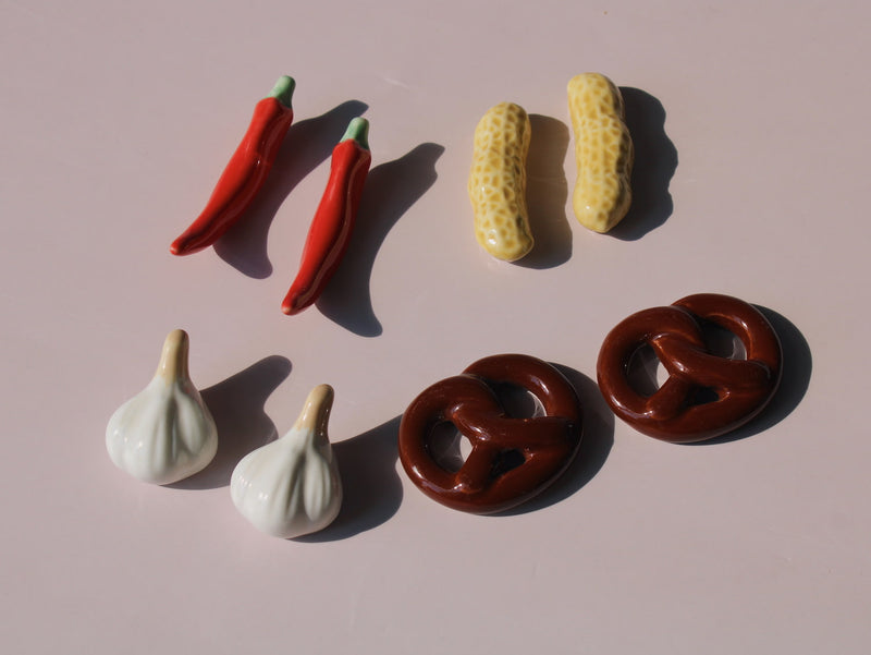 Chili, Peanut and Garlic Ceramic Chopstick Rest Sets together, handmade ceramic novelty chopstick rests in red chili, peanut and garlic clove shapes