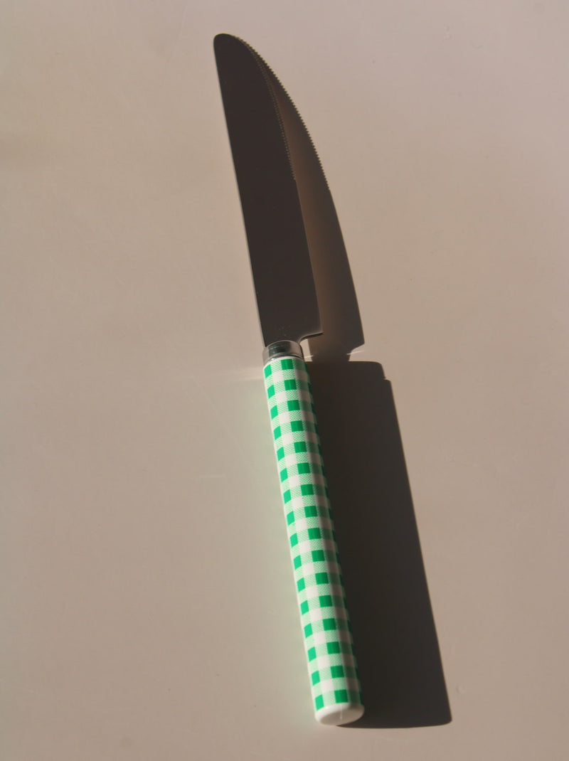 Nico cutlery set with green gingham handles, stainless steel knife and spoon flatware for modern table settings.