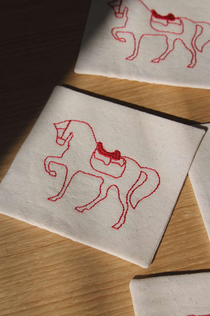 Cavalier Handsewn Embroidered Coaster with butterfly embroidery and horse stitched cotton drink coaster.