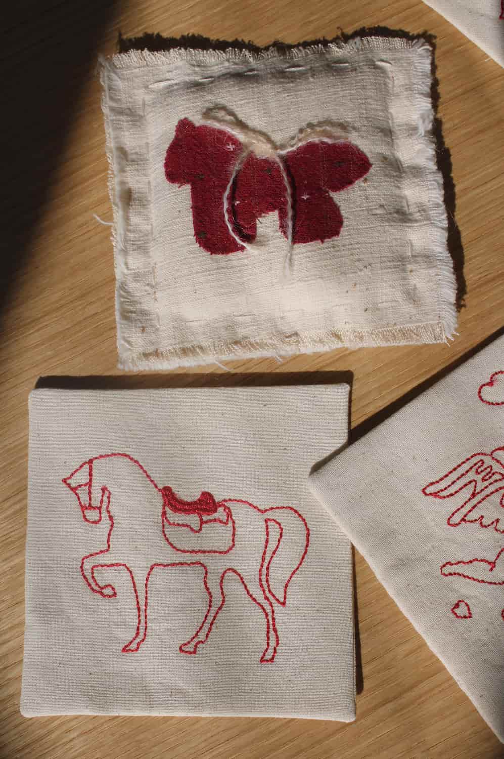 Cavalier Handsewn Embroidered Coaster with butterfly embroidery and horse stitched cotton drink coaster.
