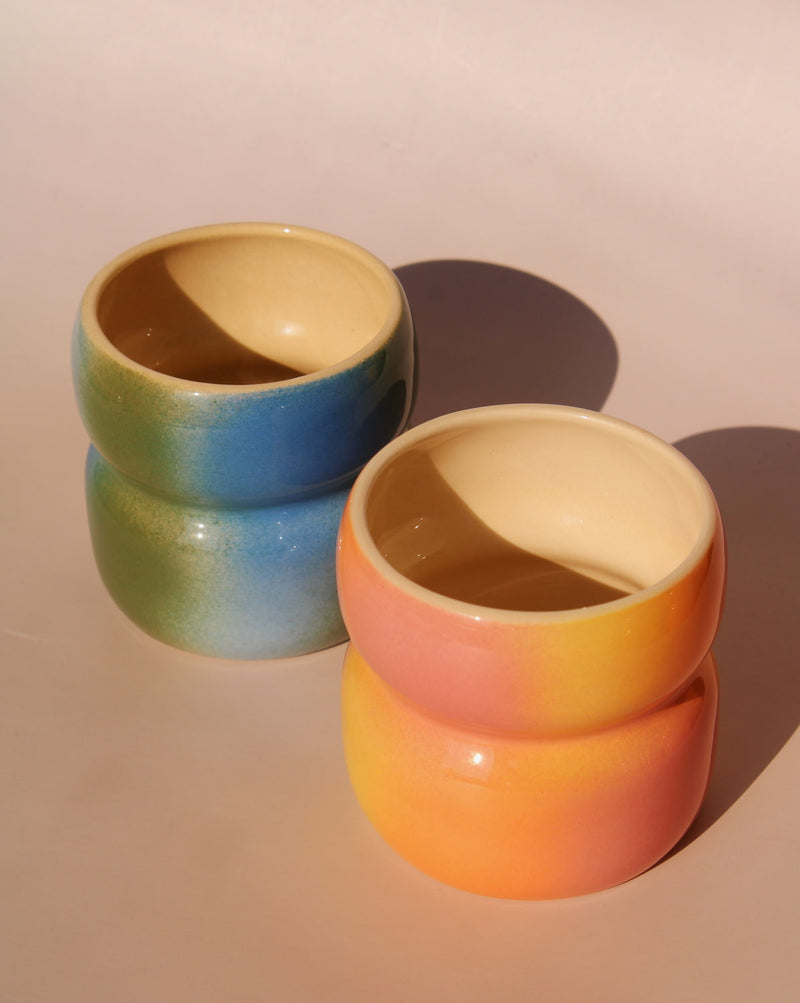 Belly Sunset ceramic mugs by Agata Puławska handmade artisan coffee cups in gradient glazes
